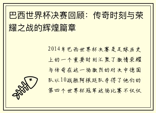 巴西世界杯决赛回顾：传奇时刻与荣耀之战的辉煌篇章